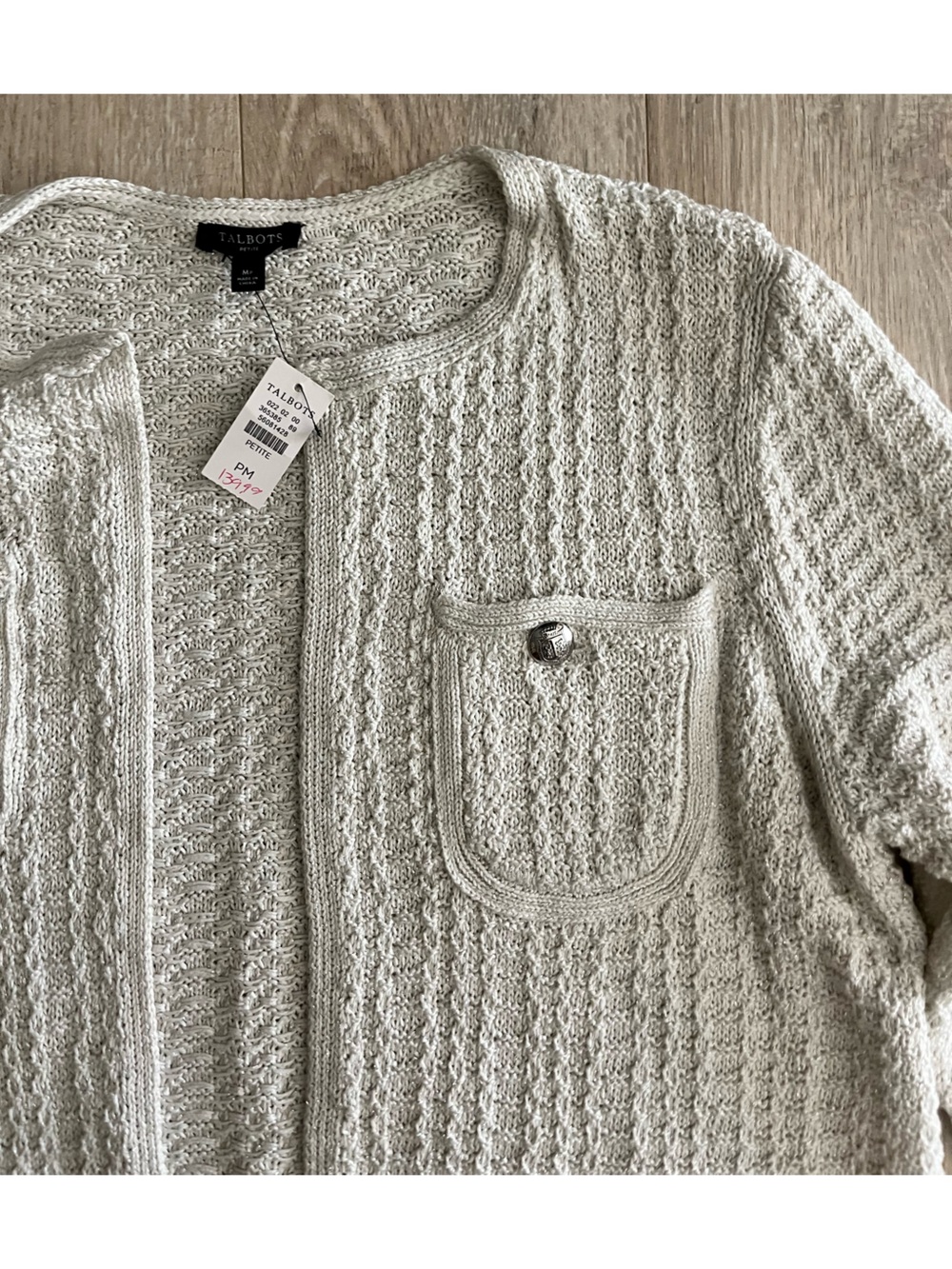 NWT Talbots Women’s Textured Knit Metallic Coatigan Cream - Size Medium Petite - Picture 4 of 8